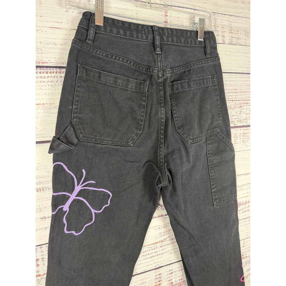 PacSun 90's BF Carpenter Jeans Black Embroidered Rainbow Y2K Baggy sz 26 - Picture 8 of 10